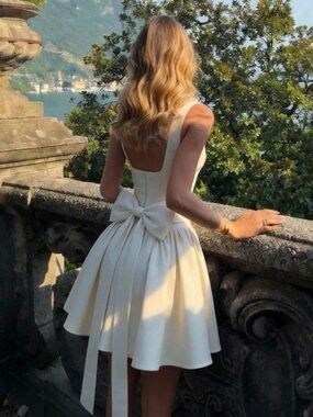Cream Bow-Back Mini Dress with Full Skirt
